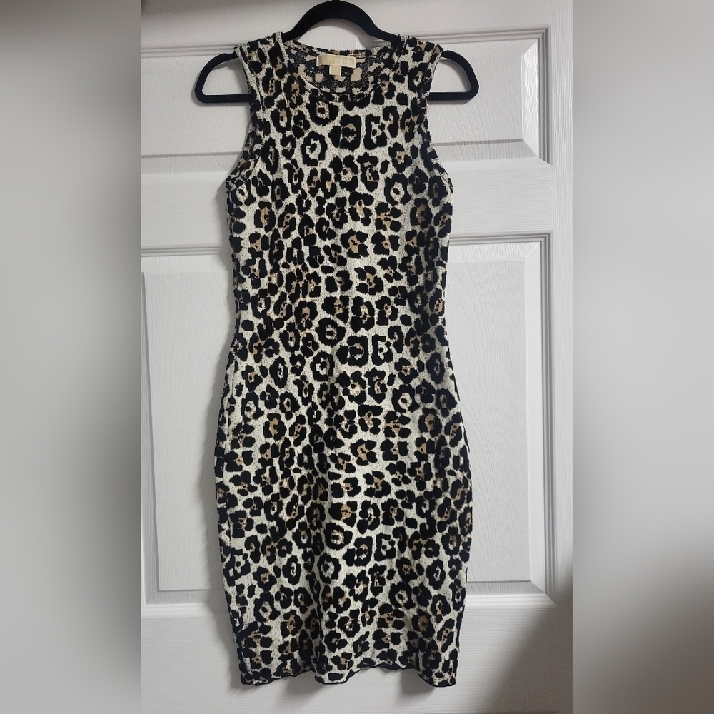 Michael Kors Womens Body Con Side Zip Leopard Sleeveless Sweater Dress Size M